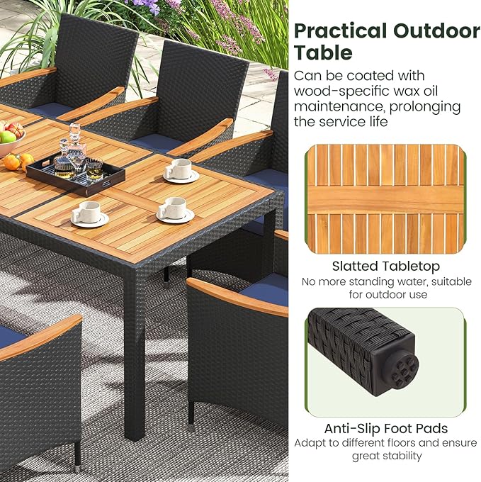 Tangkula 9 Pieces Rattan Outdoor Dining Set for 8, Outdoor Acacia Wood Table Set with 8 Cushioned Wicker Chairs, Umbrella Hole, Patio Dining Furniture Set for Deck Pool Backyard TANGKULA
