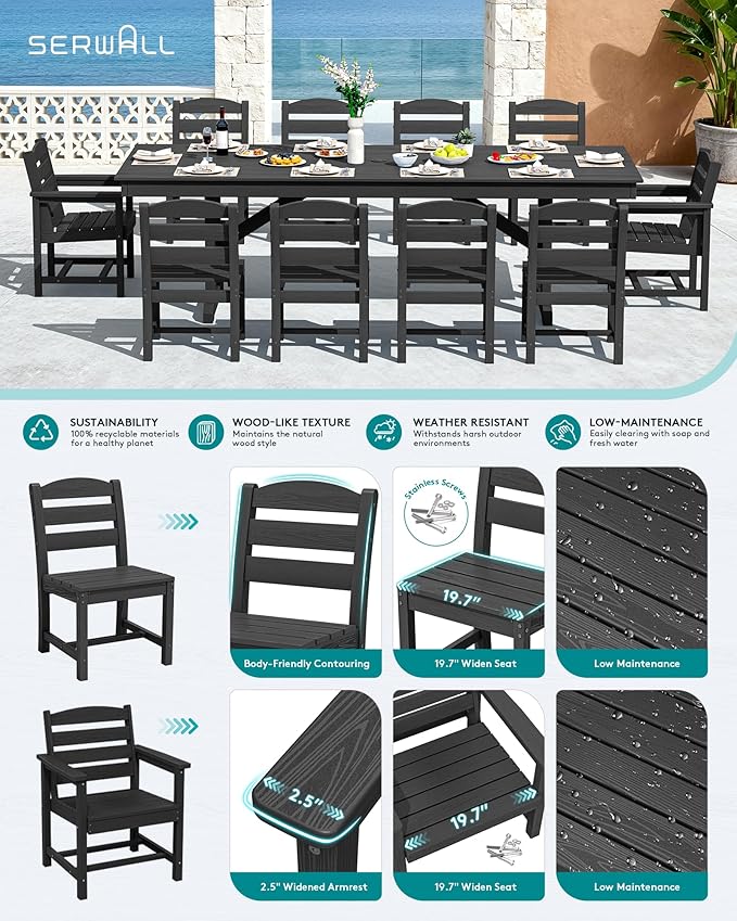 SERWALL 11 Piece Outdoor Dining Set, 84" HDPE Outdoor Table and Chairs for 10，All Weather Patio Furniture Set with Umbrella Hole for Backyard, Garden, Black SERWALL