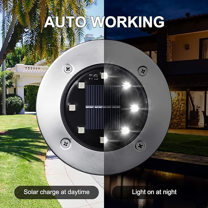 LYHOPE Solar Ground Lights Outdoor, 16 Pack 8 LED Solar Disk Lights Waterproof Garden In-ground Pathway Light Landscape Lighting for Lawn,Yard,Deck,Patio,Walkway (White) LYHOPE