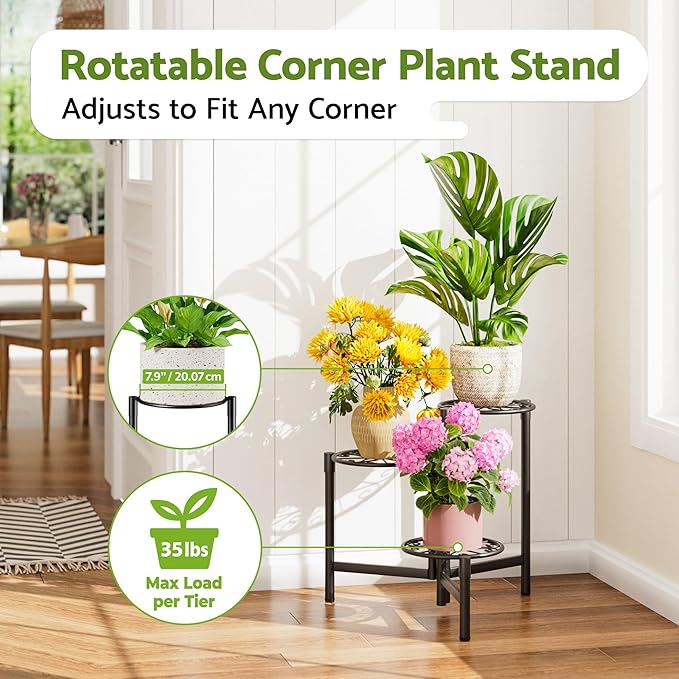 Metal Plant Stand Outdoor Indoor, 3 Tier Foldable Corner Tall Plant Shelf for Multiple Plants Flower Pot Holder Display Stand for Living Room Balcony Garden Patio -BlackS Rootora
