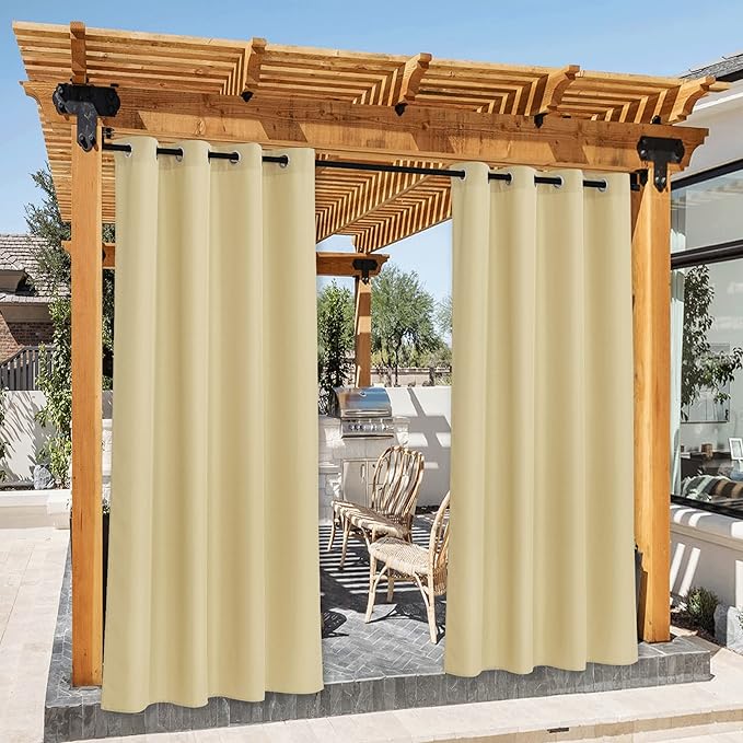 NICETOWN Canvas Patio Curtains Outdoor Waterproof, Rustproof Grommet Durable Thick Privacy Indoor/Outdoor Curtains & Drapes for Porch/Pergola/Cabana, W55 x L95, Light Beige, 2 Panels NICETOWN