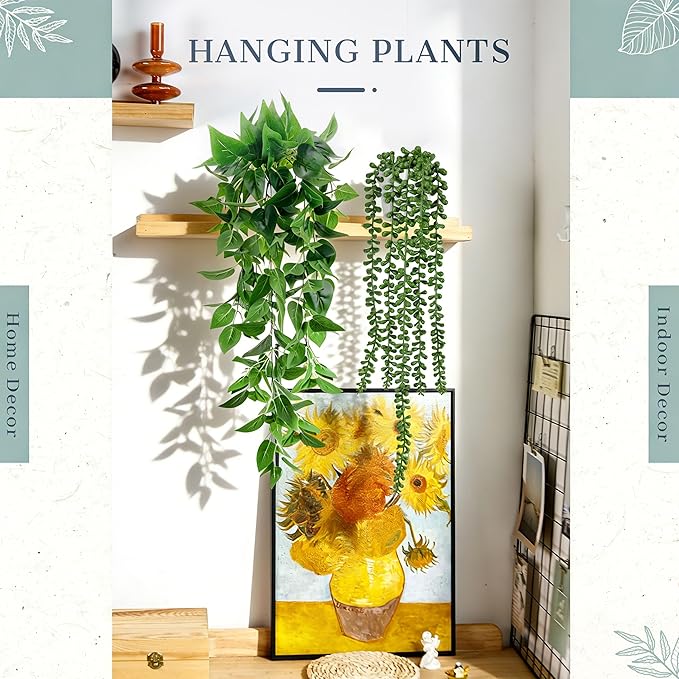 Der Rose 4Pcs Fake Plants Hanging Artificial Ivy Vine Faux Eucalyptus Hanging Plants, Boston Fern, String of Pearls for Living Room Bedroom Boho Wall Shelf Indoor Outdoor Decor (White Pots) DerRose
