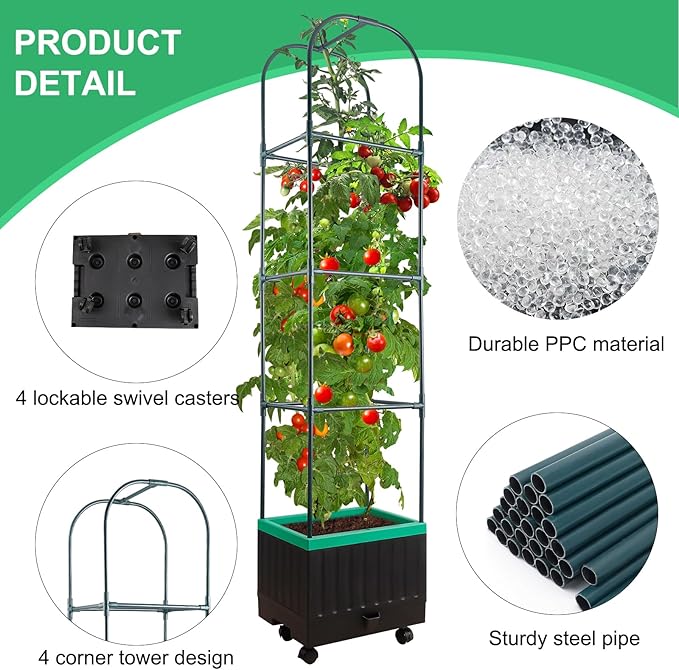 Raised Garden Bed with Self Watering Garden Pots, Planter Box with Trellis for Climbing Plants Vegetable Vine Flowers, Tomato Cage Planter for Indoor Outdoor Yard Greenhouse Use YHTPOUQE