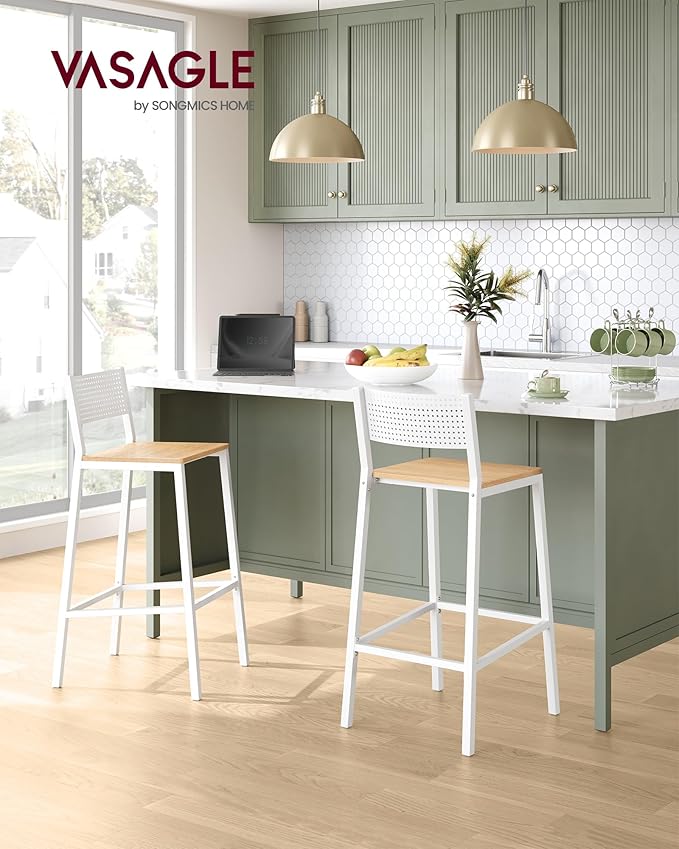VASAGLE Bar Stool Set of 2, Bar Chairs for Kitchen, Dining Room, Industrial, Oak Beige and White ULBC070W09 VASAGLEbySONGMICSHOME
