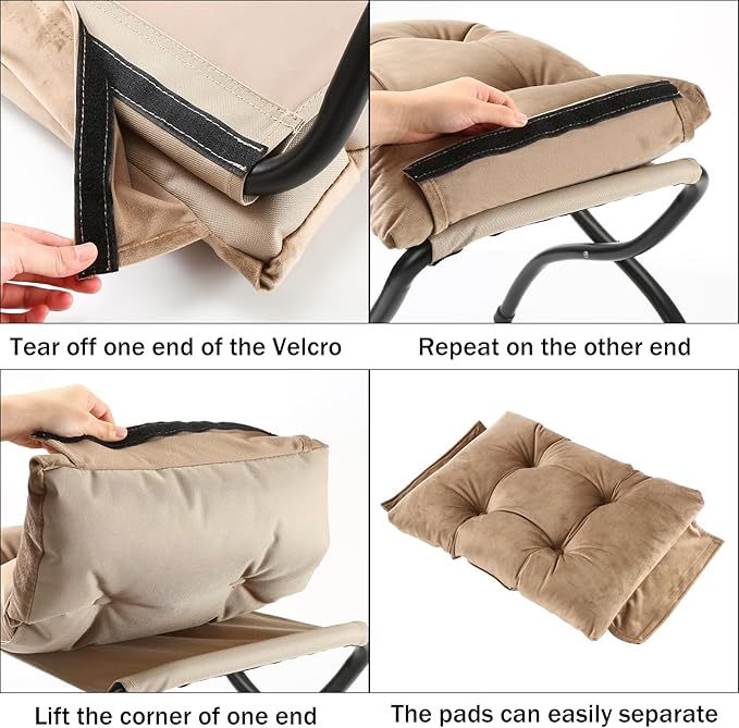 15" Foldable Foot Stool Ottoman with Metal Frame - Washable Khaki Upholstered Indoor/Outdoor Footrest for Living Room, Bedroom, Patio - Space-Saving Compact Design WELL-STRONG
