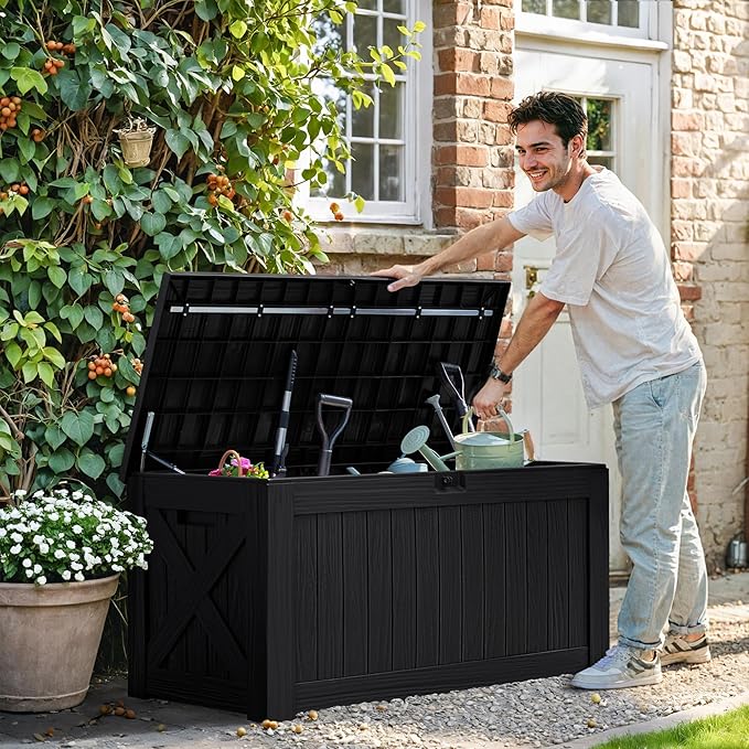 Greesum 120 Gallon Deck Box, Resin Outdoor Storage Container for Patio Furniture, Garden Tools, Pool Accessories, Weatherproof, Lockable, Black BuynowfromGreesum
