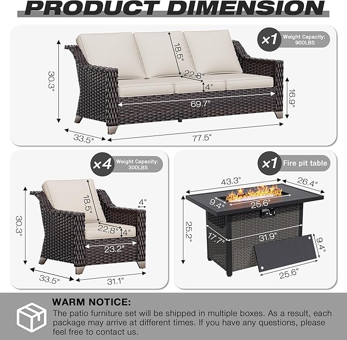 Joyside Wicker Patio Furniture Sets, 6 Pieces Upgraded Large Size Outdoor Furniture with 4 Swivel Rocking Patio Chairs, 3-Seat Sofa, Fire Table,Thick Cushions, Wide Armrest, Beige Joyside