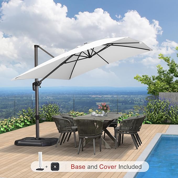 PURPLE LEAF 9'×11.5' Cantilever Patio Umbrella with Base Rectangle Offset Outdoor Umbrella Cover with Zipper for Garden Deck Pool White PURPLELEAF