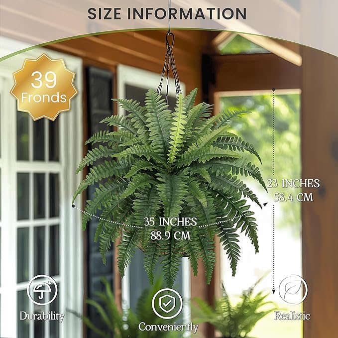 35" Ferns Artificial Bush Plants Large, 2 Artificial Boston Ferns with 39 Fronds for Outdoors Home Decor ForestPrince