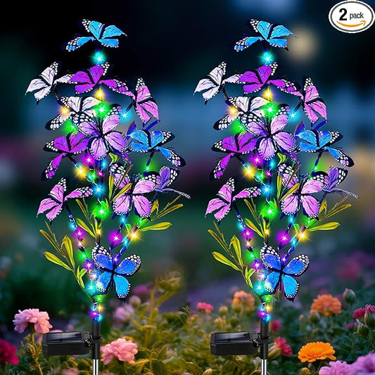 Solar Garden Lights Outdoor, Waterproof 2 Pack Solar Butterfly Lights with 60 LED 12 Butterfly Colorful Lighting for Garden Yard Lawn Outdoor Decor, Gift for Mom Women Mother's Day MRHEPHAESTUS