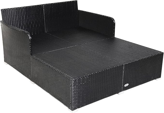 HAPPYGRILL Outdoor Rattan Daybed Patio Loveseat Sofa Set with Padded Cushion Pillows and Sturdy Aluminum Foot, Wicker Patio Furniture for Garden Porch Poolside HAPPYGRILL