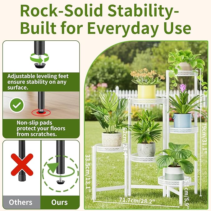 6 Tier Metal Plant Stand, 6 Potted Multiple Flower Pot Holder Shelf, Indoor&Outdoor Folding Planter Display Shelves for Patio Garden, Living Room, Corner Balcony, Bedroom - WhiteWave Rootora