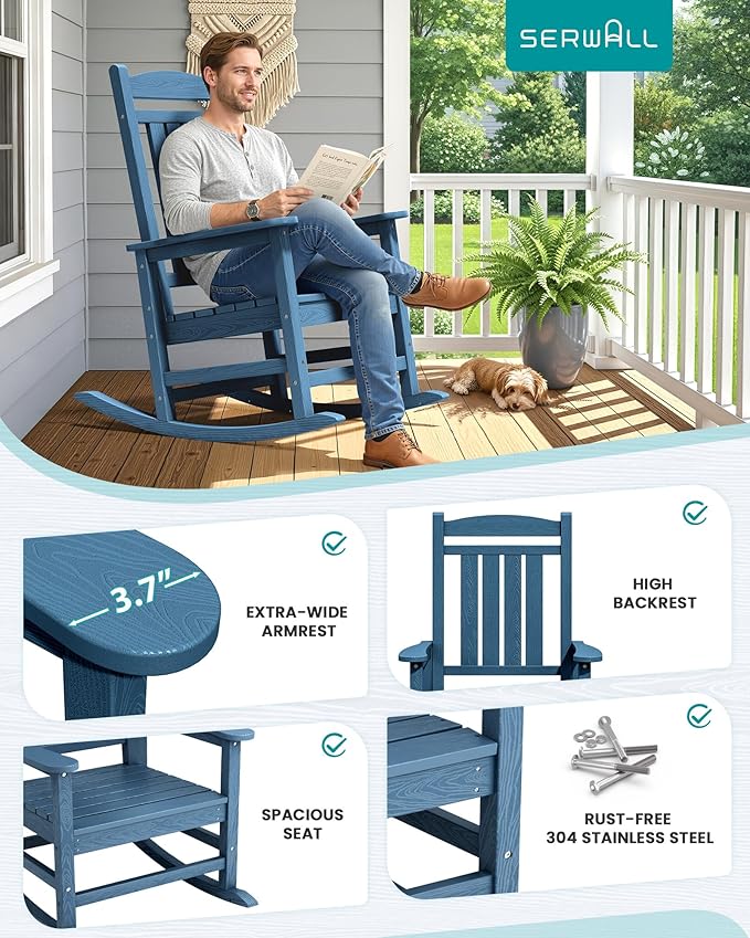 SERWALL Oversized Outdoor Rocking Chair, All-Weather Patio Rocking Chair, HDPE Porch Rocker for Adults, Blue SERWALL
