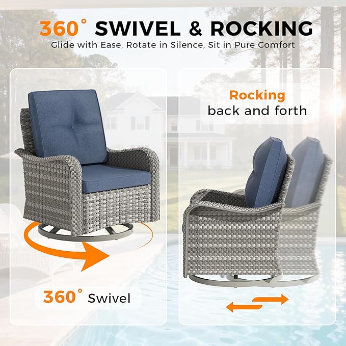 14-Seat Outdoor Wicker Patio Furniture Set with Fire Pit Table, Modular Rattan Sectional Sofa & 2 Swivel Rocking Chairs, 4" Thick Cushions, Rust-Resistant Frame,Navy MASIONBACKYARDS