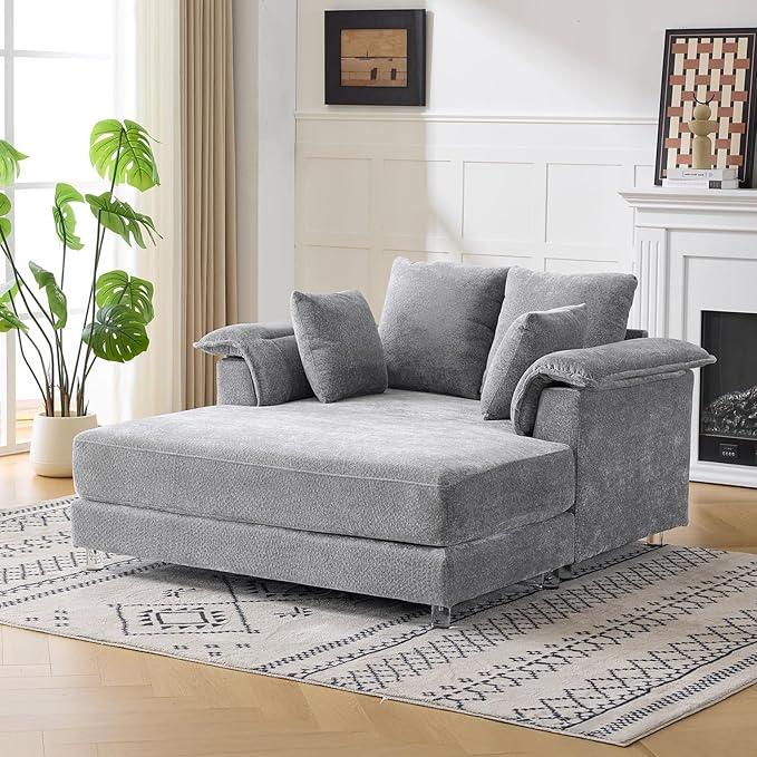 VINGLI Modern Floating Chaise Lounge Chair with Acrylic Legs, Upholstered Cushion Deep Seat Lounge Sofa with Iron-Wood KD Frame, Pillow Armrest, Accent Chair for Living Room, Play Room Apartment VINGLI