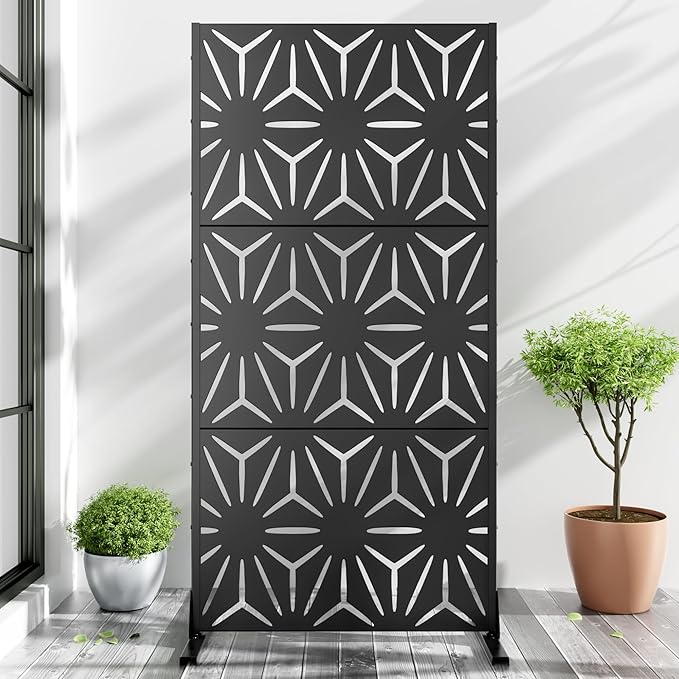 Casaphoria Metal Privacy Screen Outdoor, 72" H x 35" W Freestanding Decorative Privacy Screen for Patio Deck Balcony Garden with Stable Base, Black-Star Casaphoria