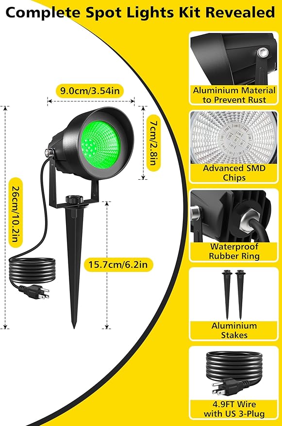 T-SUN Green Spotlight Outdoor, Waterproof LED Landscape Lighting with US Plug, Easy Install 270° Adjustable Outdoor Spot Lights for Garden Tree Yard Decor, 2 Pack T-SUN