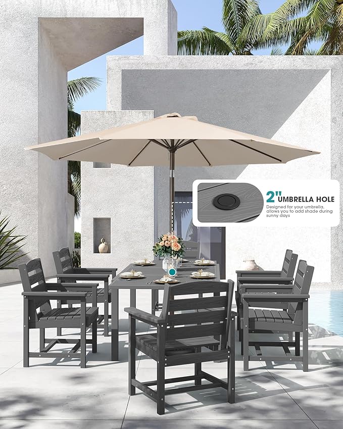 SERWALL 7-Piece Patio Dining Sets, 60" - 83" Expandable Outdoor Dining Table and 6 HDPE Chairs, All Weather HDPE Outdoor Furniture Set for Backyard, Garden, Grey SERWALL