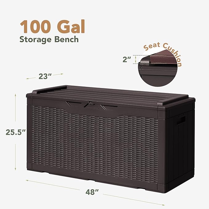 Flamaker Deck Box with Cushion 100 Gallon Waterproof Resin Storage Box with Air Rod Indoor Outdoor Lockable Storage Bench for Patio Furniture, Tools, Pool Accessories (Deep Brown) Flamaker