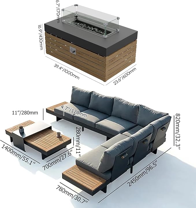 homary Patio Conversation Sets with Fire Pit-Modular Outdoor Sofa Aluminum & Teak Outdoor Sofa Se with Glass Wind Guard Ideal for Patios & Balconies, 6 Pepole Homary