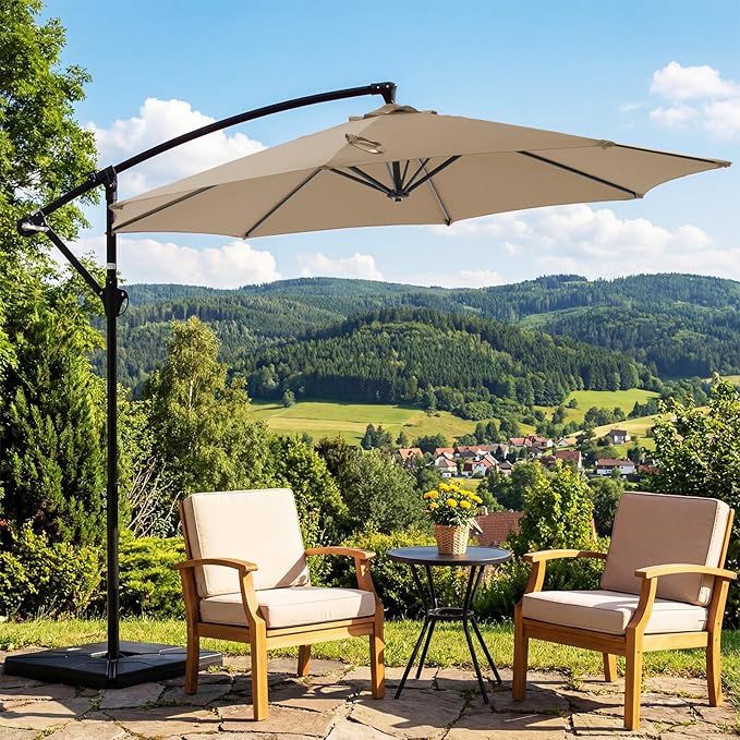 OLIXIS Offset Patio Umbrella, 9.7FT Cantilever Table Umbrellas for Outdoor Sun Shade UV Protection with Easy Tilt Adjustment, 8 Ribs for Backyard, Lawn, Garden, Pool - Khaki OLIXIS