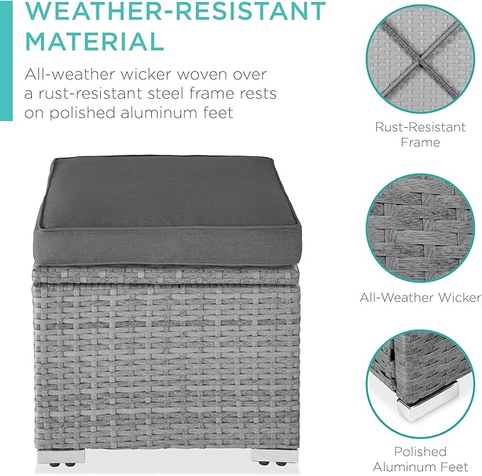Best Choice Products Set of 2 Wicker Ottomans, Multipurpose Outdoor Furniture for Patio, Backyard, Additional Seating, Footrest, Side Table w/Storage, Removable Cushions - Gray/Gray BestChoiceProducts