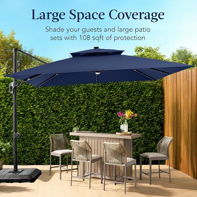 Best Choice Products 9x12ft LED Cantilever Patio Umbrella w/Base Included & 360° Rotation, Large Solar Offset Hanging Outdoor Sun Shade for Deck, Backyard Table w/Stand & Lights – Navy Blue BestChoiceProducts