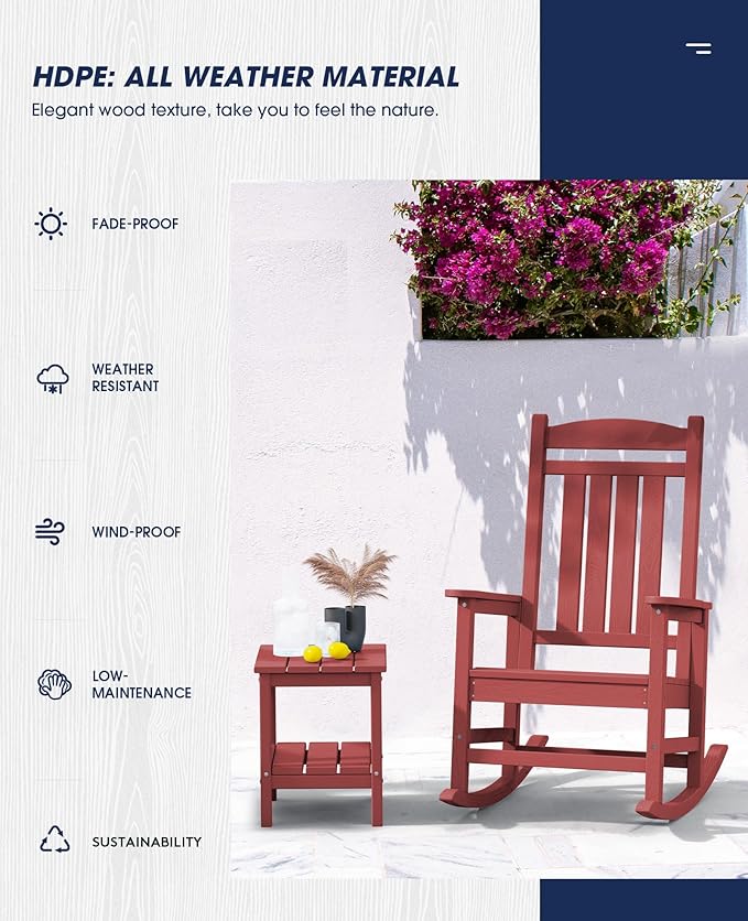 KINGYES HDPE Outdoor Rocking Chair Set of 4, All-Weather Poly Patio Rocking Chairs with 330lbs Support for Adults, Dark Red KINGYES
