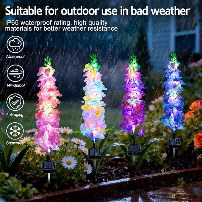 Solar Garden Lights, Solar Delphinium Flowers Lights 4 Pack 80 LEDs, Waterproof Outdoor Light Two Lighting Modes for Outside Wedding Party Garden Yard Patio Lawn Decor MRHEPHAESTUS