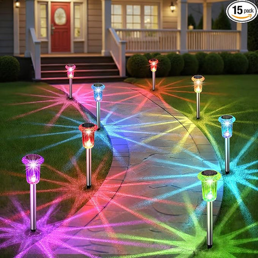 Solar Outdoor Lights, 15 Pack Solar Pathway Lights Outdoor Waterproof, Stake Lighting for Garden Yard Path Walkway Driveway Patio Lawn Decor,Color Changing EYROSA