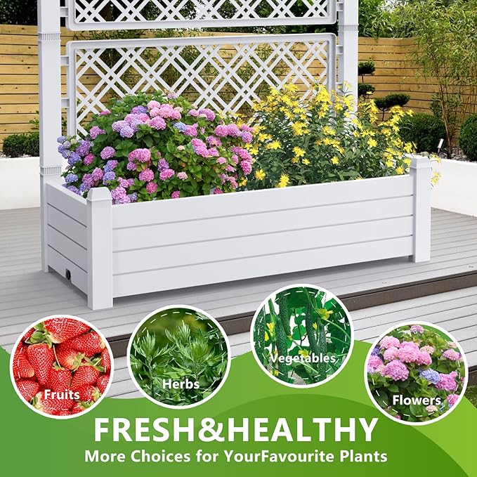 Raised Garden Bed with Trellis for Climbing Plants, 43.43" L x 18.27" W x 59.29" H Planter Box with Self Watering Drainage Holes for Outdoor Backyard Patio Balcony, Anti-Rust Resin (Ashen) OutdoorLivingPerfected