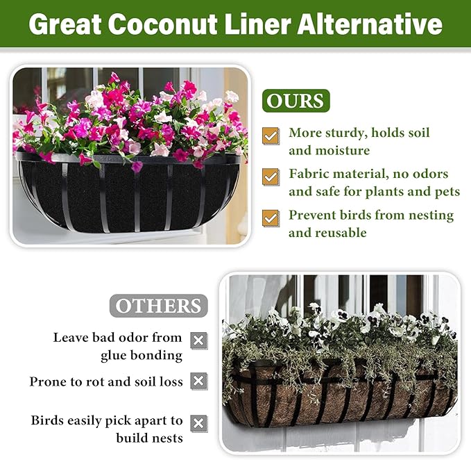 Riare 4 Pack 36 Inch Black Felt Window Box Liners- Fabric Trough Planter Basket Liners Replacement, Non-Woven Hanging Plant Liner for Wall Hanging Basket, Garden Fence Railing (Avoid Bird Nesting) Riare