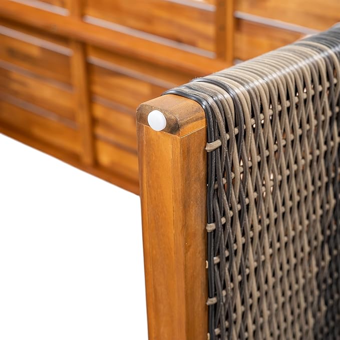 Christopher Knight Home Pasco Acacia Wood Outdoor Dining Table Set for 6, Wicker Patio Dining Set with Acacia Wood Table and Bench, Patio Table and Chair Set with Cushion+Rope Backrest,Black+Teak+Grey ChristopherKnightHome
