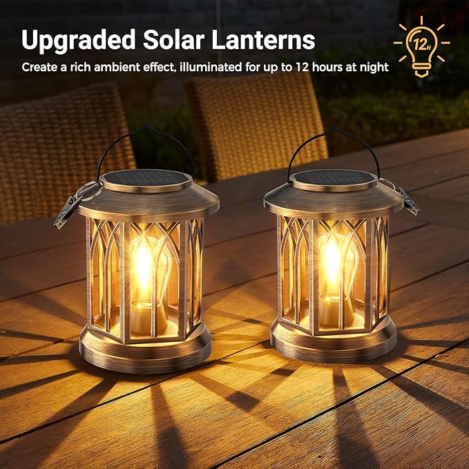 WdtPro Solar Lanterns Outdoor Lights, 4 Pack Bright Lanterns Outdoor Waterproof with Clip Patio Decor, Hanging Solar Lights for Outside Garden Yard Front Porch Table Decoration (Antique Copper) WdtPro