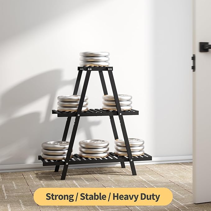 Bamboo Plant Stand Indoor/Outdoor, 3-Tier, Black, Rectangular, 8 Potted Flower Holder Ladder Plant Rack Furshus