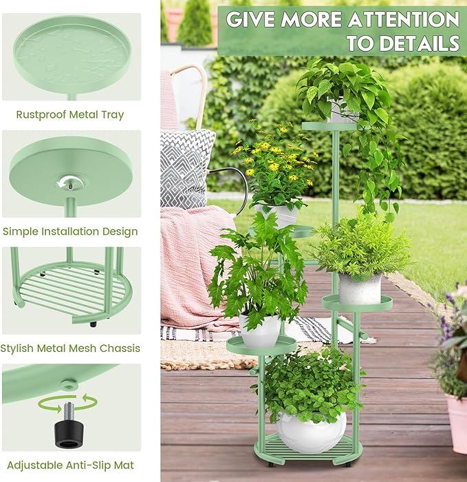 TOSKING 5 Tier Metal Plant Stand Indoor， Plant Shelf, Corner Shelf Flower Pot Stand for Outdoor Plant Stand for Living Room Balcony Garden Patio Bedroom (Green, 42in) TOSKINGESSENCE