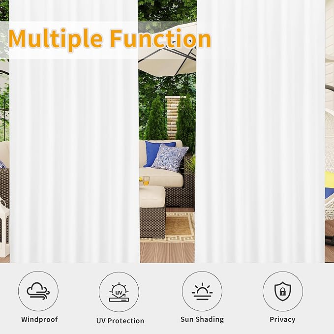 Easy-Going Outdoor Patio Curtains Detachable Tab Top Windproof Weatherproof Curtain for Cabana, Porch, Pergola and Gazebo, Tab Bottom Drape, 2 Panels, 54W x 84L inch, White Easy-Going