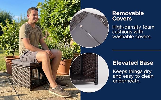 Outdoor Storage Ottoman (Set of 2) - All-Weather Wicker Patio Footstool with Washable Cushions - Sturdy Rattan Foot Rest & Hidden Box for Deck, Porch, Backyard & Balcony Rootora