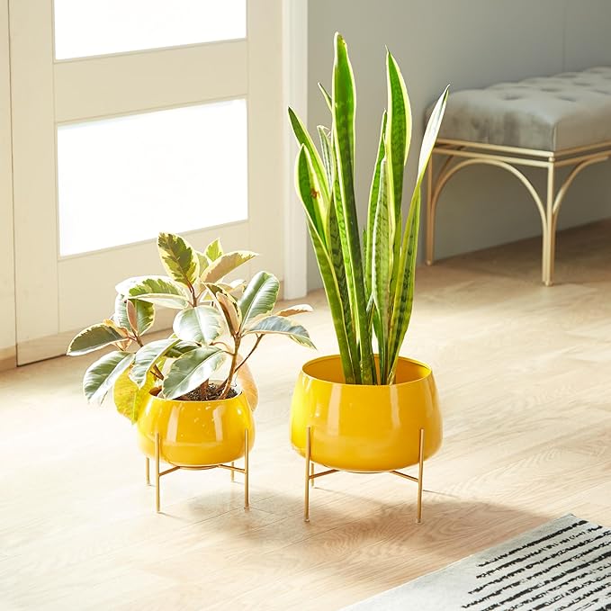 Deco 79 Metal Indoor Outdoor Planter Small Planter Pot with Removable Stand, Set of 2 Planters 8", 10"H, Yellow Deco79
