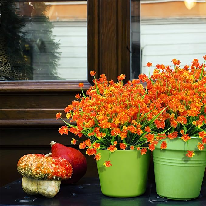 AGIRL 24 Bundles Artificial Fall Flowers Outdoor Indoor Decoration,Fake Plastic Flowers,Faux Mums Plant for Thanksgiving Fall Decor,for Hanging Outside Garden Front Door Porch Patio Window Box AGIRL