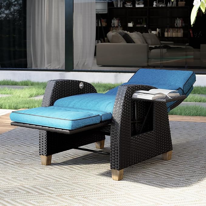 Grand patio Outdoor Reclining Chairs with Extended Footrest 2-Piece Adjustable Patio Wicker Lounge Recliner up to 150° with Flip Side Table Peacock Blue GrandPatio