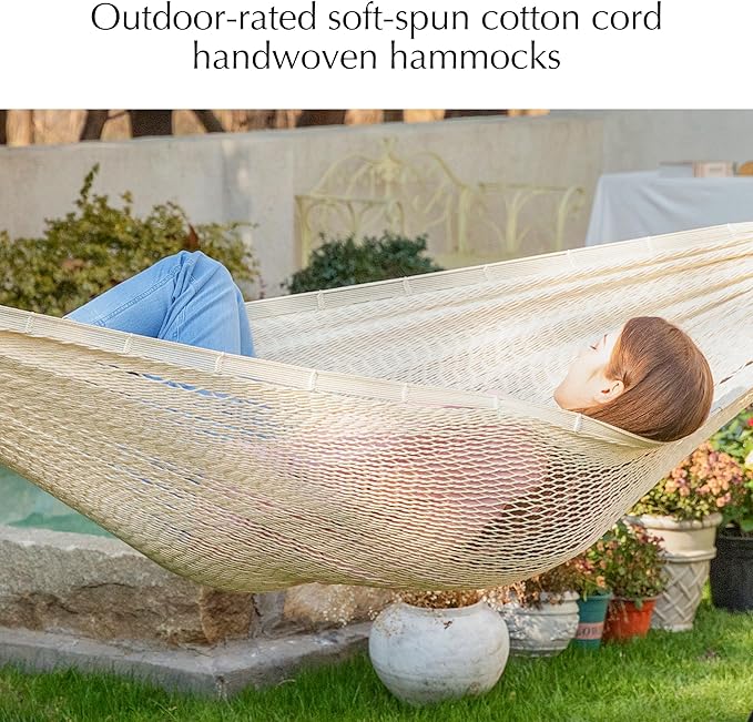 PNAEUT Handwoven Mayan Hammocks, Double Rope Hammock for Outdoor Outside & Indoor, Thick Soft 600 lbs Capacity Heavy-Duty, Includes Tree Straps, Carabiners & Carrying Bag (Nature, X-Large) PNAEUT