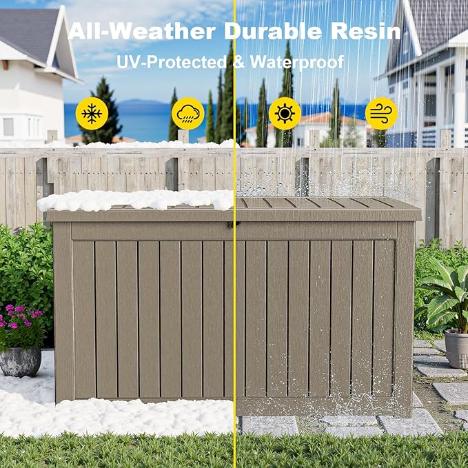 Deck Box - 280 Gallon Large Outdoor Storage box,Waterproof Patio Furniture and Storage Deck - Lockable and UV Resistant, Perfect for Pool and Outdoor Use, Weatherproof Resin, Lockable (Light Brown) MAIUSCOLI
