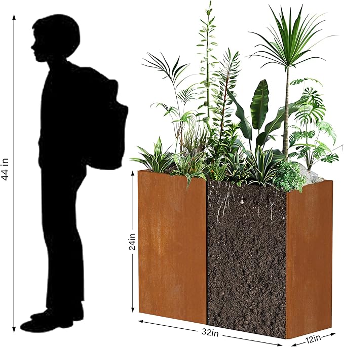 Cor Ten Steel Planters – 32x12x24H Inch Rectangular Planter Box | Weather-Resistant Design for Garden, Patio, or Porch (Rustic) Ganeekiron