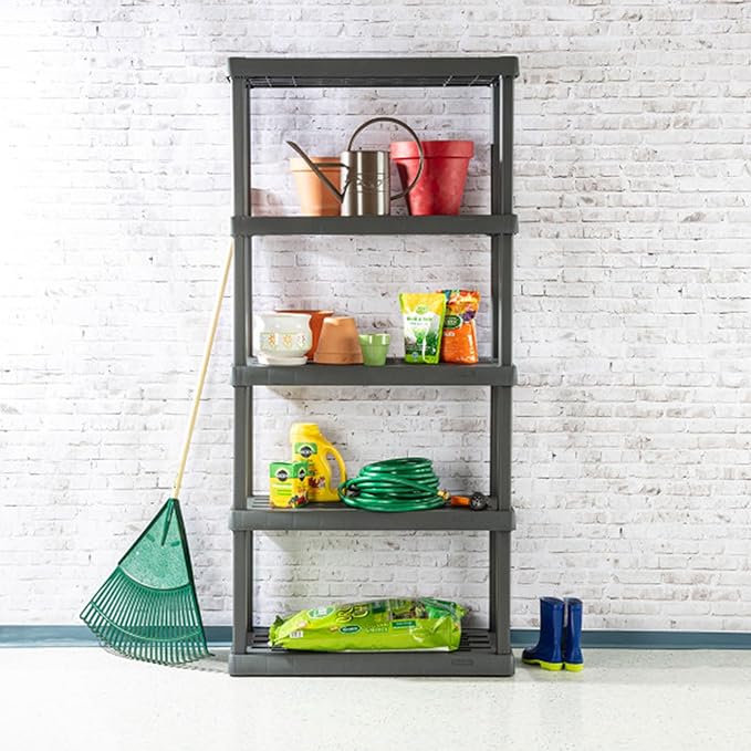 Sterilite 4-Pack 5 Shelf Unit, Heavy-Duty Shelving Storage Rack for Home and Garage, Gray - Multipurpose Plastic Organizer Shelves for Smart Organization Sterilite