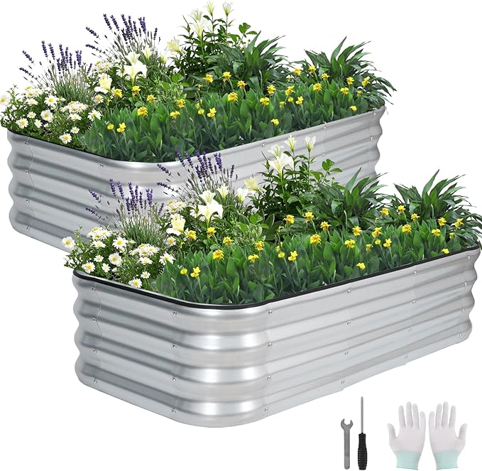 3 in 1 Galvanized Raised Garden Bed - 4x2x1ft (2Packs) Modular Planter Box Outdoor | Metal Raised Bed Kit with Bracing Rods for Gardening Vegetables Flowers Fruits Herbs (Silver) BIRDSINYARD
