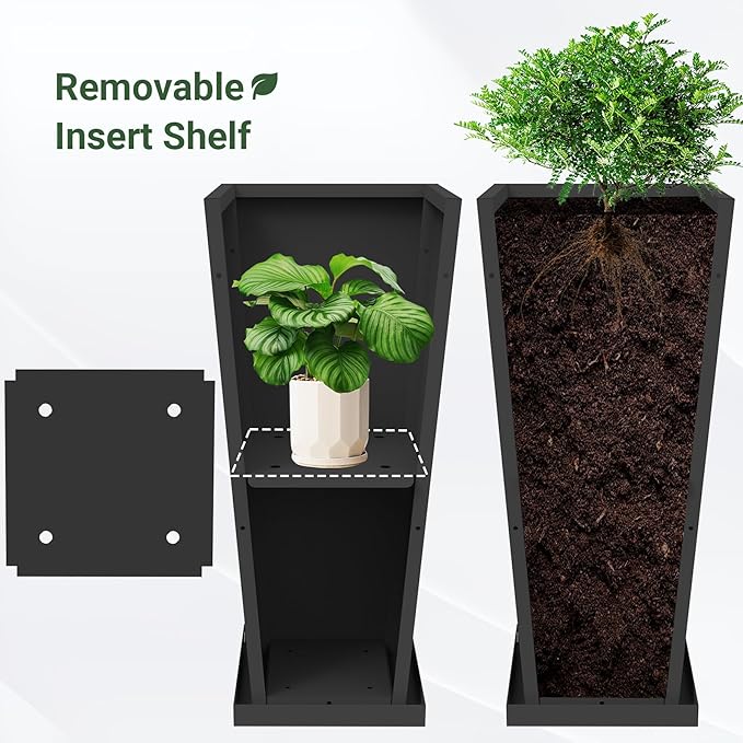 Tall Planters 30" H - 2 Pack, Tapered Pots with Drainage Insert Shelve & Trays, Metal Outdoor Planter Box for Porch, Garden, Patio, Yard (Black) Toriexon