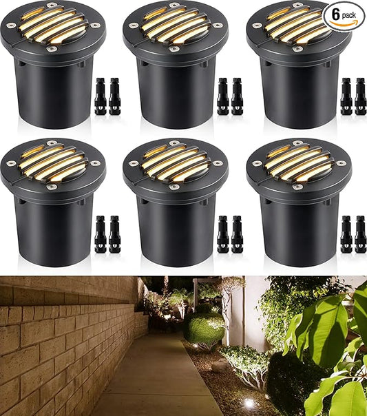 SUNVIE 12W Low Voltage Landscape Lighting Anti-Glare LED Well Lights(Grated Top) 12V-24V Waterproof Outdoor In-Ground Lights 3000K Landscape Lighting for Garden Yard Pathway 6 Pack with Connectors SUNVIE