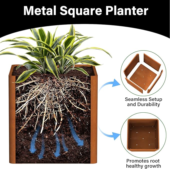 Corten Steel Planter Box 26" L x 26" W x 26" H,Large Metal Square Planter for Outdoor Plants,Metal Cube Flower Pot with Drainage Hole for Porch Hotel Patio Yard Gardenaire