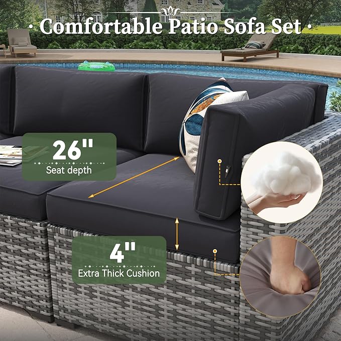 Aoxun 8 Piece Patio Furniture Set with 44'' Fire Pit Table Wicker Rattan Patio Conversation Set Outdoor Sectional Sofa Set with Coffee Table, Grey/Black (Waterproof Cover Included) Aoxun